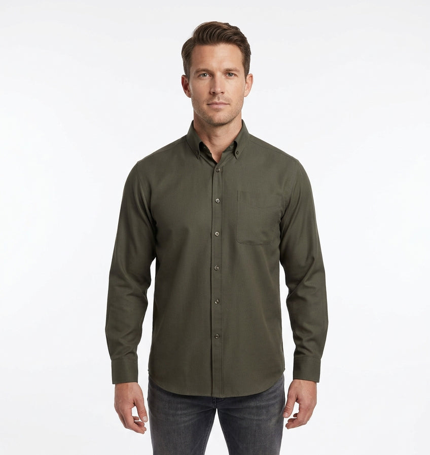 MENS LUXURY OKIVE GREEN LONG SLEEVE SHIRT