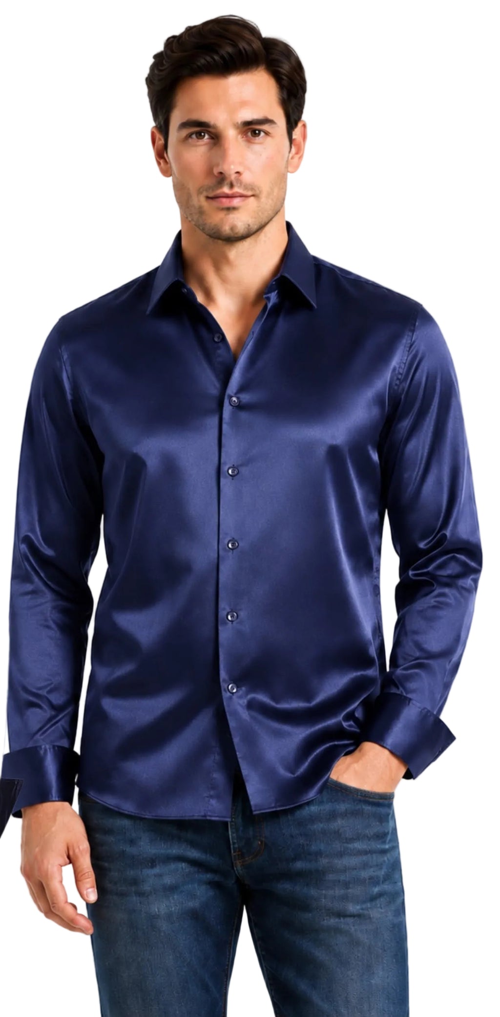 MENS LUXURY STRECH SATIN LONG SLEVE TAILORED FIT NAVY SHIRT