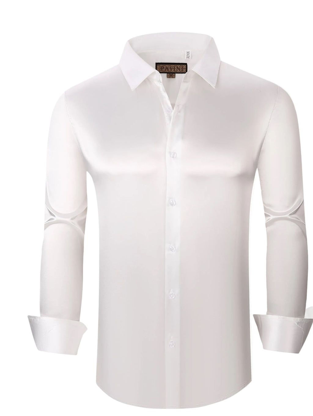 MENS LUXURY STRECH SATIN LONG SLEVE TAILORED FIT WHITE SHIRT