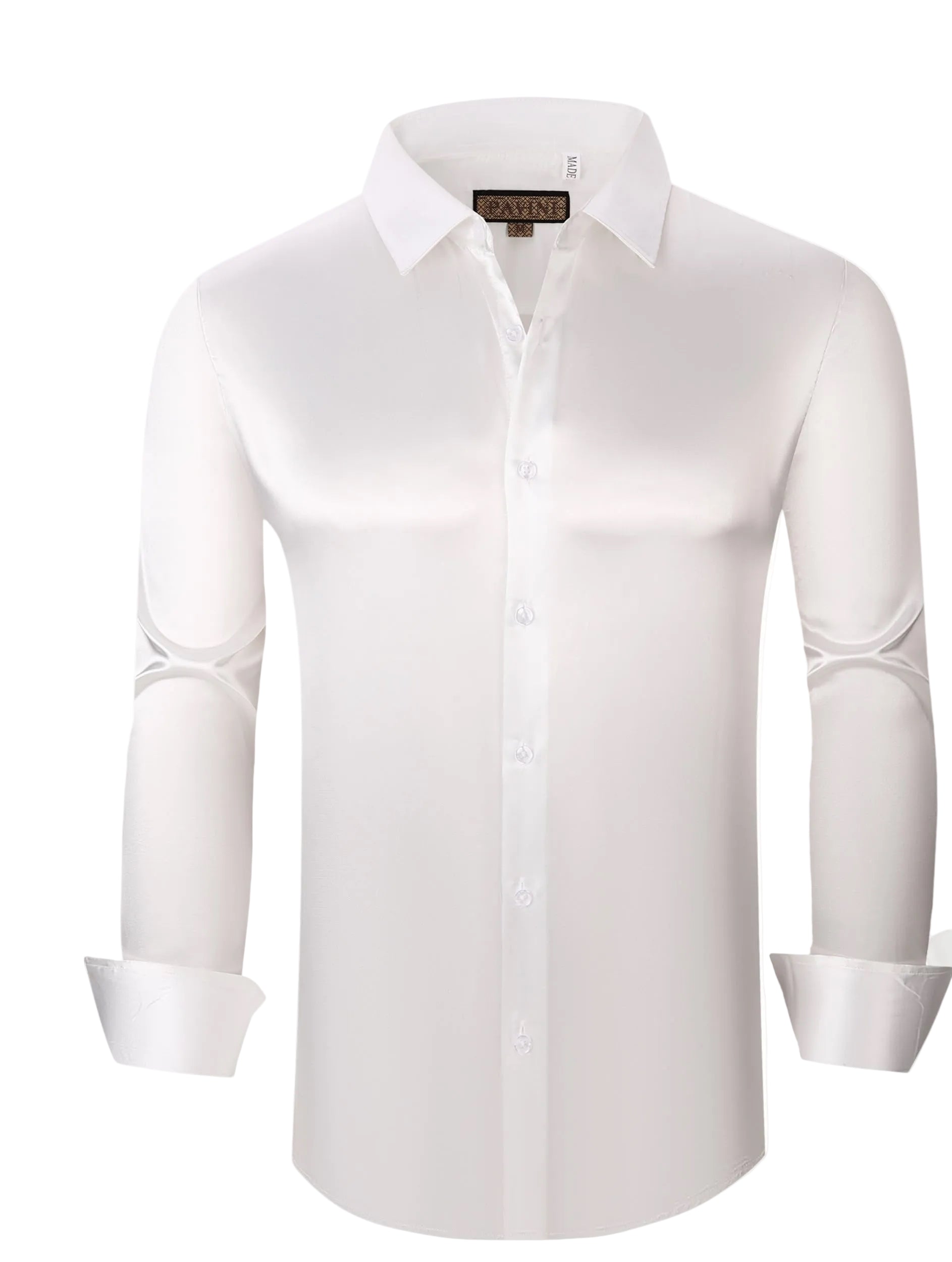 MENS LUXURY STRECH SATIN LONG SLEVE TAILORED FIT WHITE SHIRT