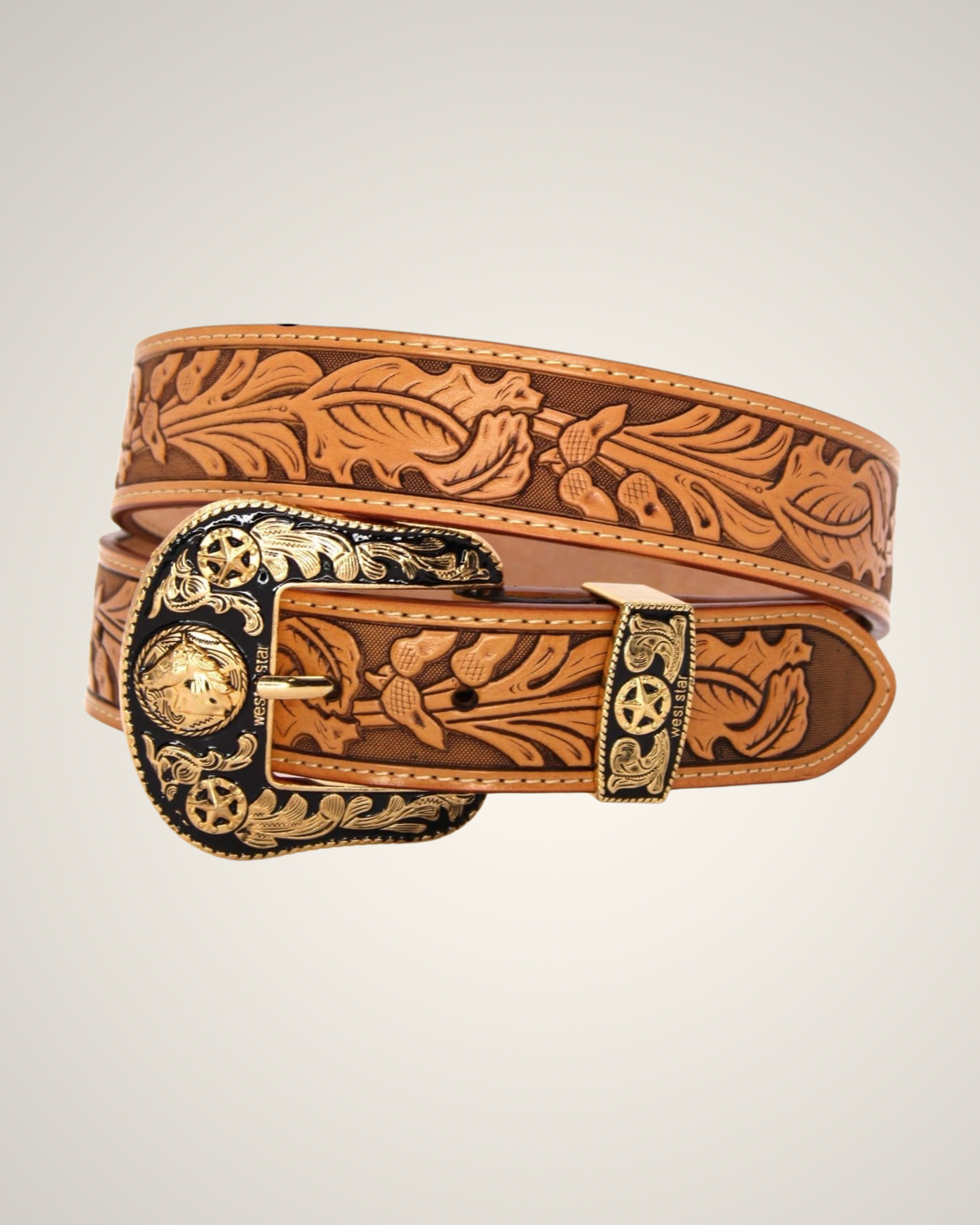 MENS PREMIUM TAN LEATHER WESTERN BELT-FLORAL TOOLED