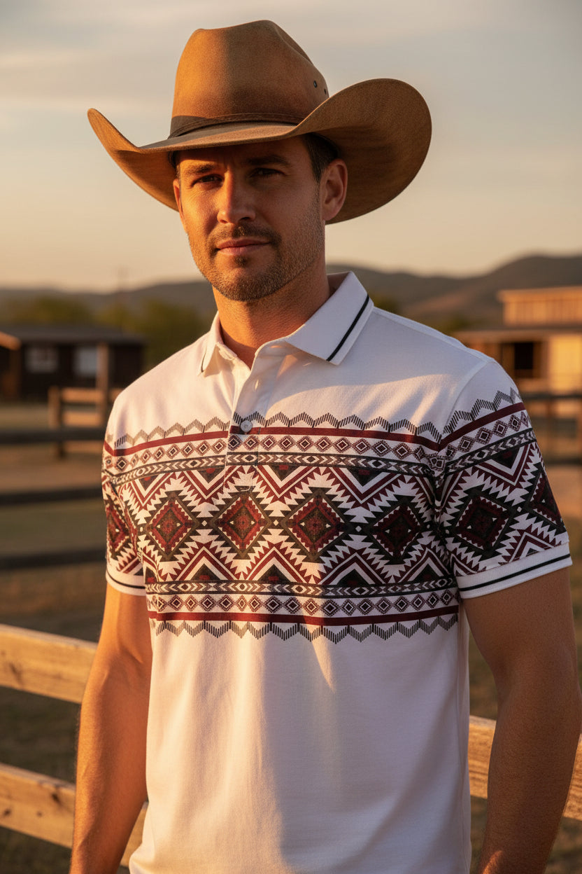 MENS WHITE AZTEC 28246 WESTERN POLO SHIRT
