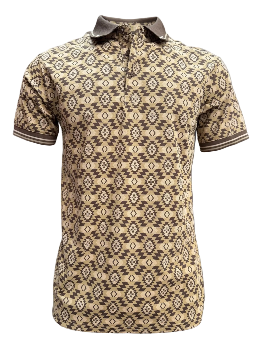 MENS BROWN BEIGE AZTEC 28248 WESTERN POLO SHIRT