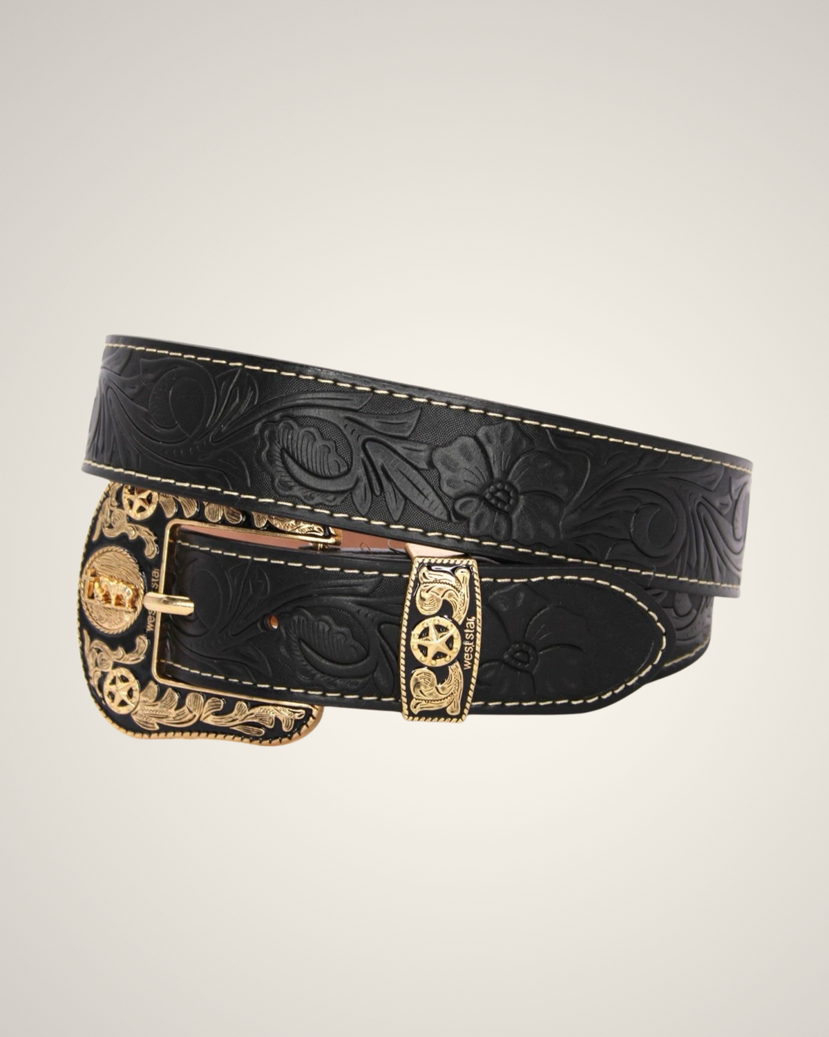 MENS PREMIUM BLACK LEATHER WESTERN BELT-FLORAL TOOLED