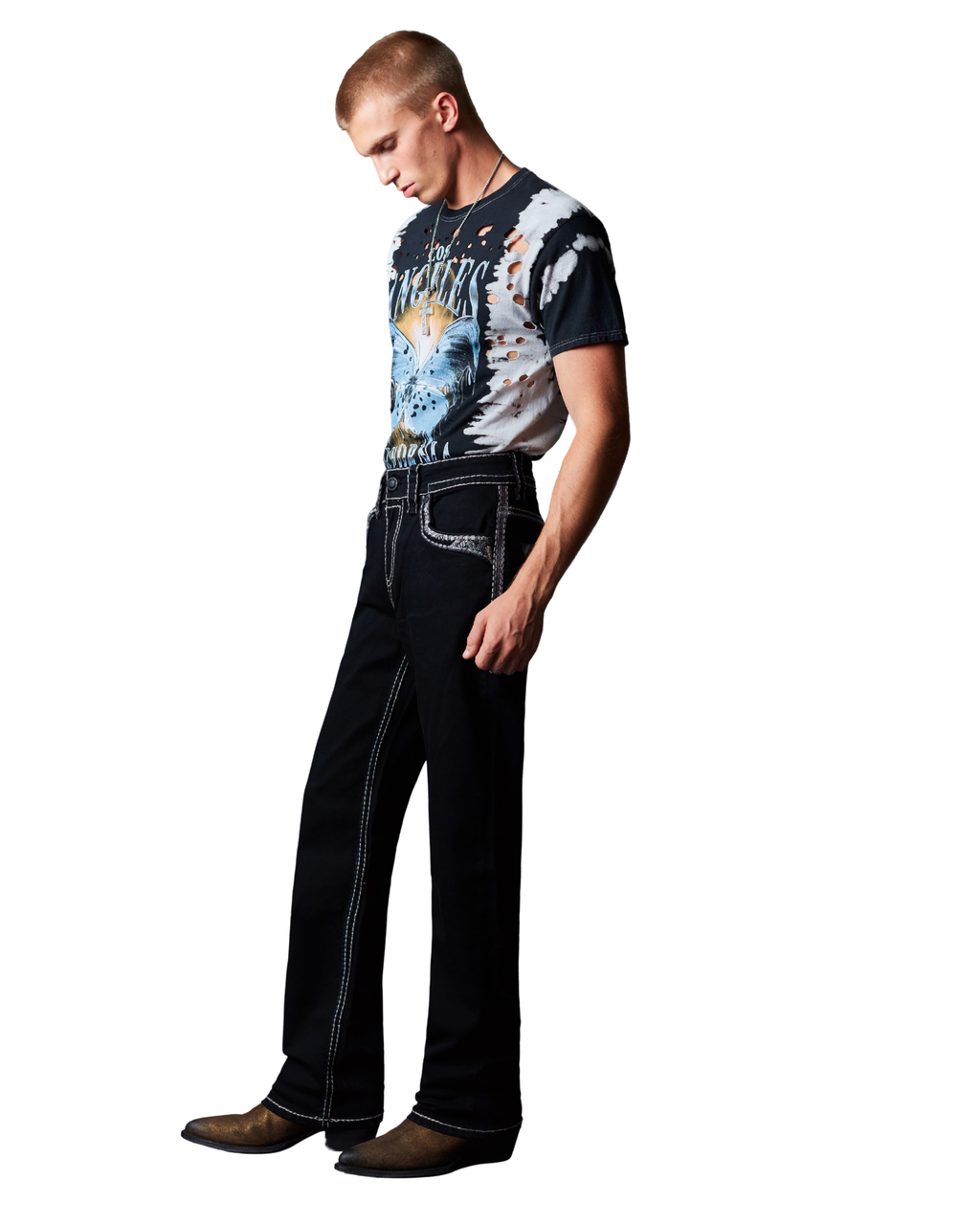 MENS ROCK REBEL RUSTIC BLACK BOOT CUT JEANS