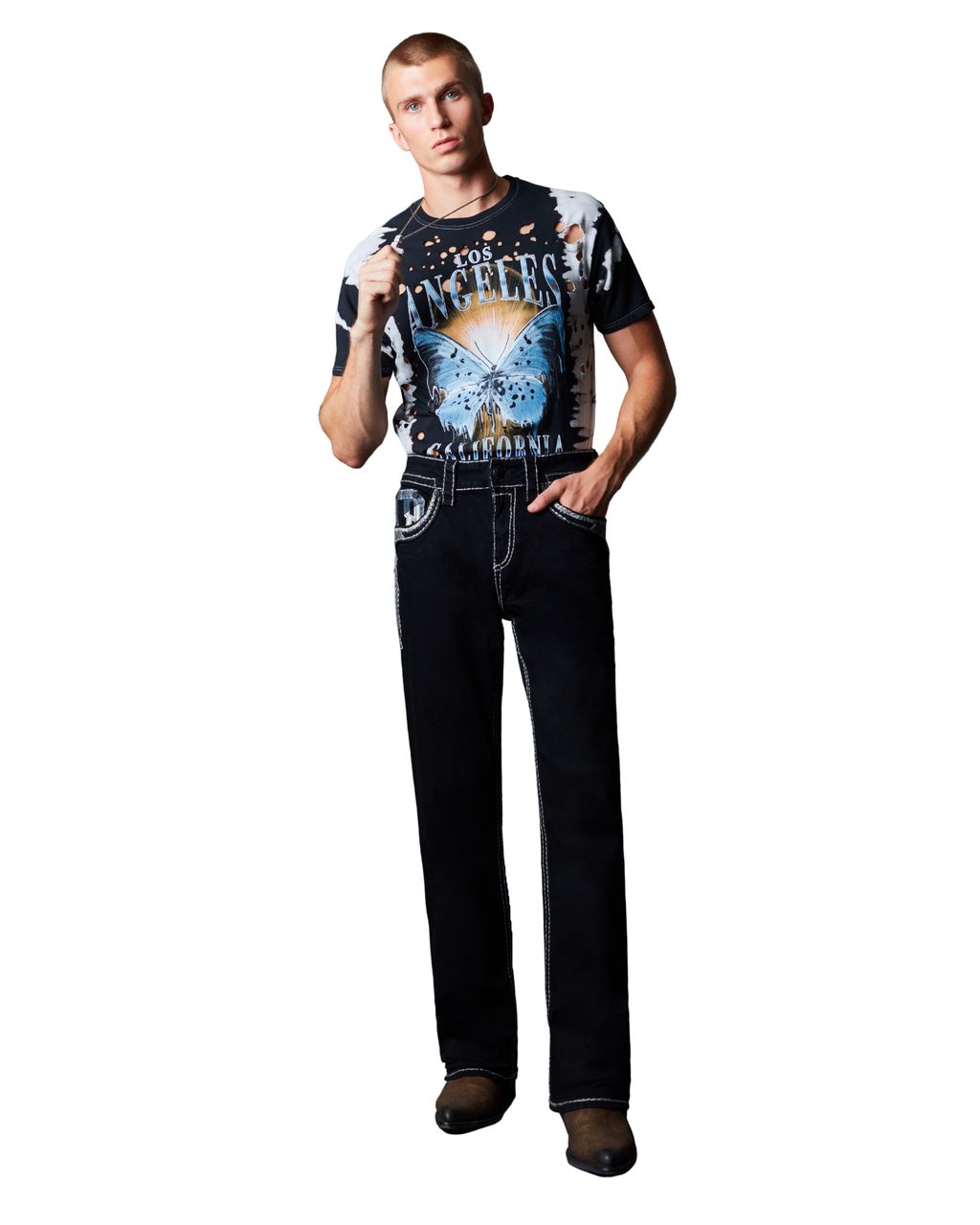 MENS ROCK REBEL RUSTIC BLACK BOOT CUT JEANS