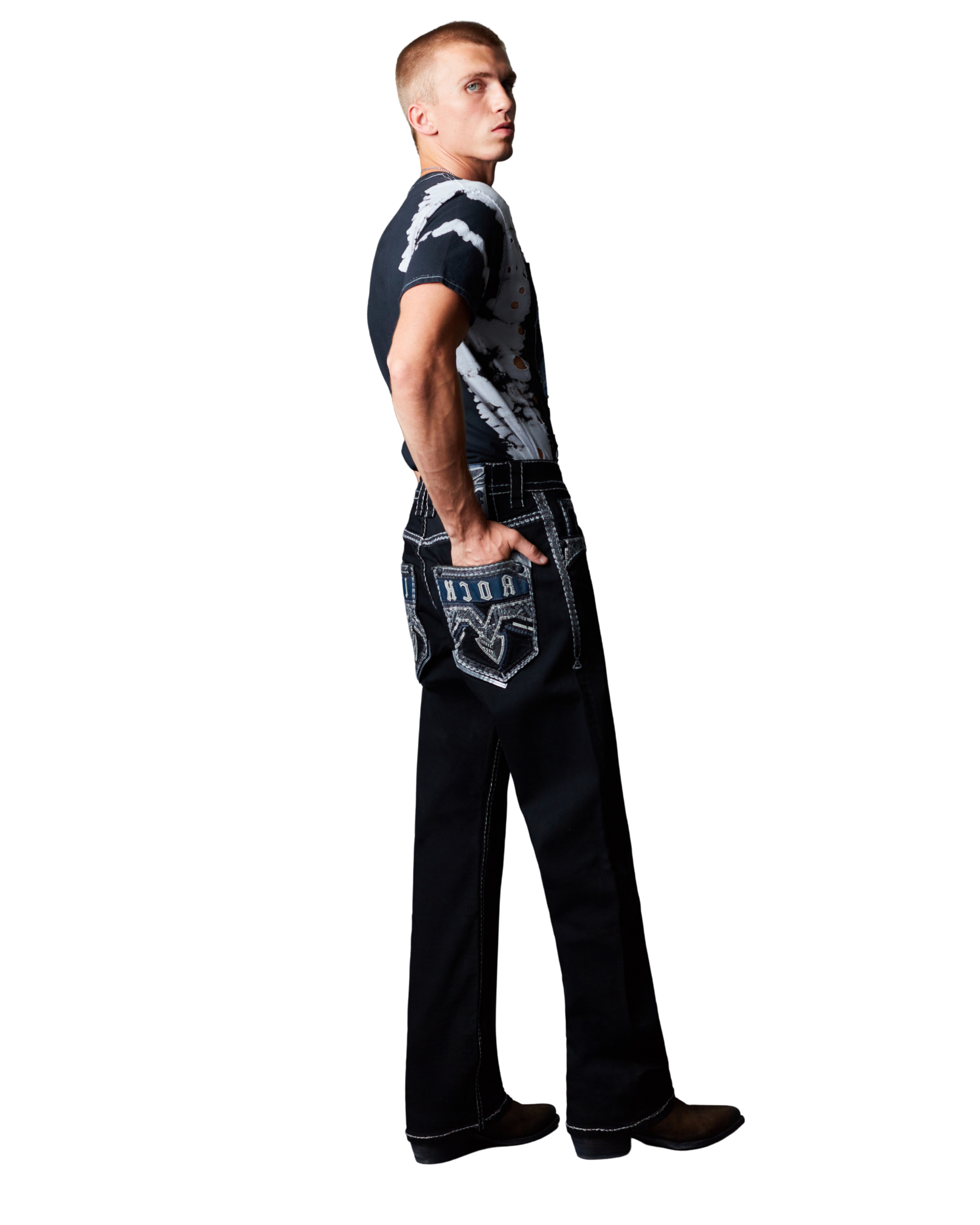 MENS ROCK REBEL RUSTIC BLACK BOOT CUT JEANS