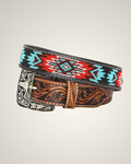 MENS PREMIUM SHAKIRA AZTEC BROWN-BLUE LEATHER WESTERN BELT-FLORAL TOOLED