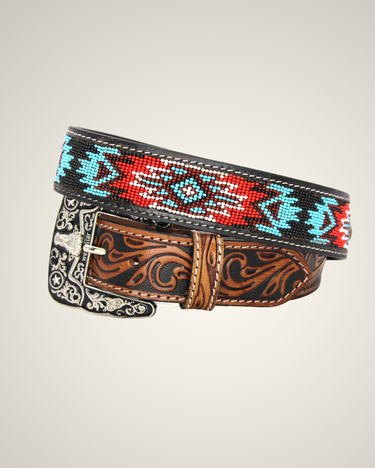 MENS PREMIUM SHAKIRA AZTEC BROWN-BLUE LEATHER WESTERN BELT-FLORAL TOOLED