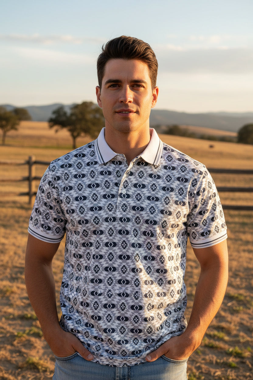 MENS WHITE-BLUE AZTEC 28248 WESTERN POLO SHIRT