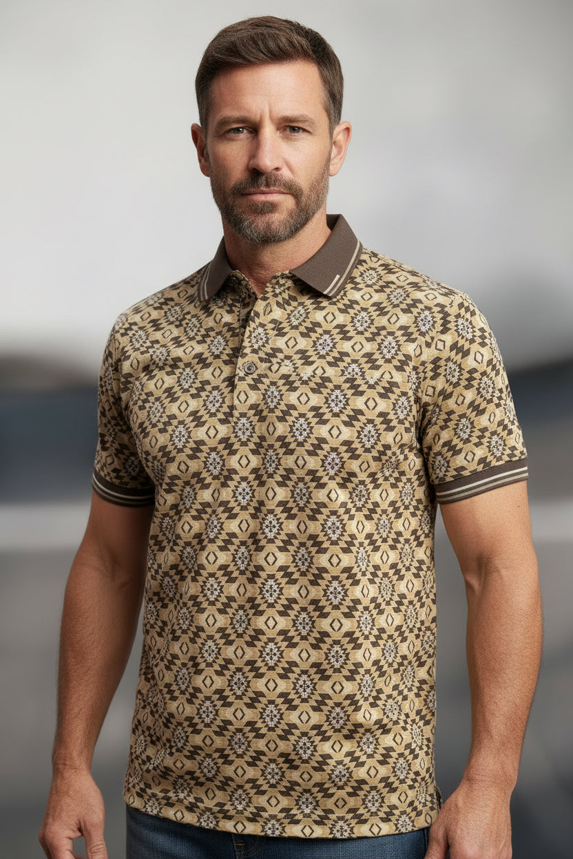MENS BROWN BEIGE AZTEC 28248 WESTERN POLO SHIRT