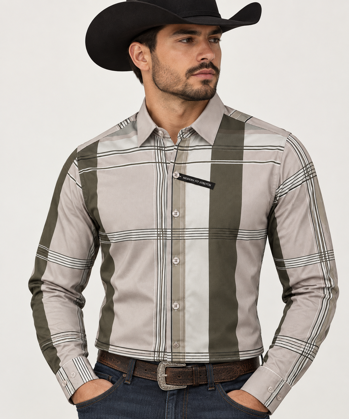 MENS PREMIUM 290-14 WESTERN LONG SLEEVE BEIGE-OLIVO SHIRT