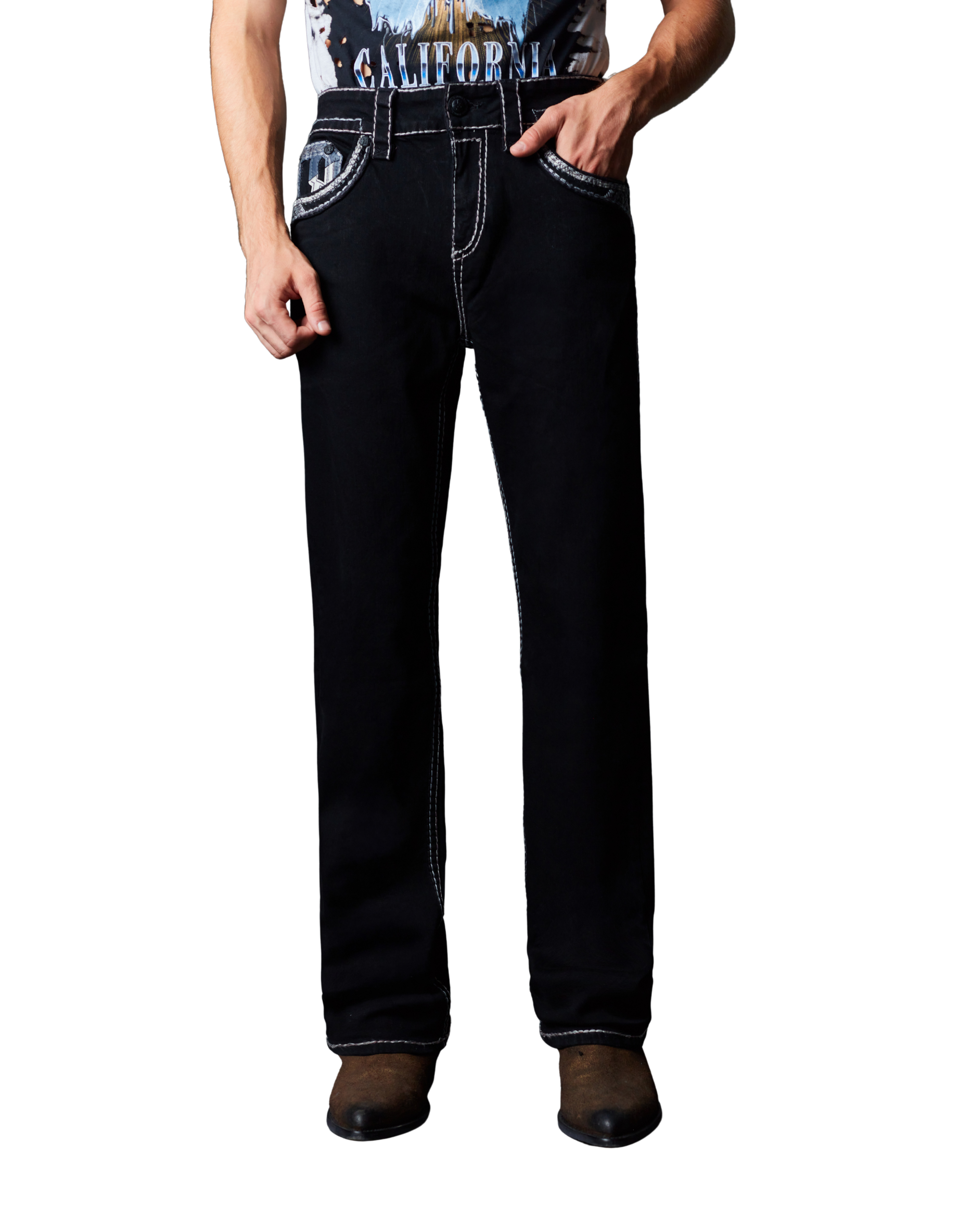 MENS ROCK REBEL RUSTIC BLACK BOOT CUT JEANS