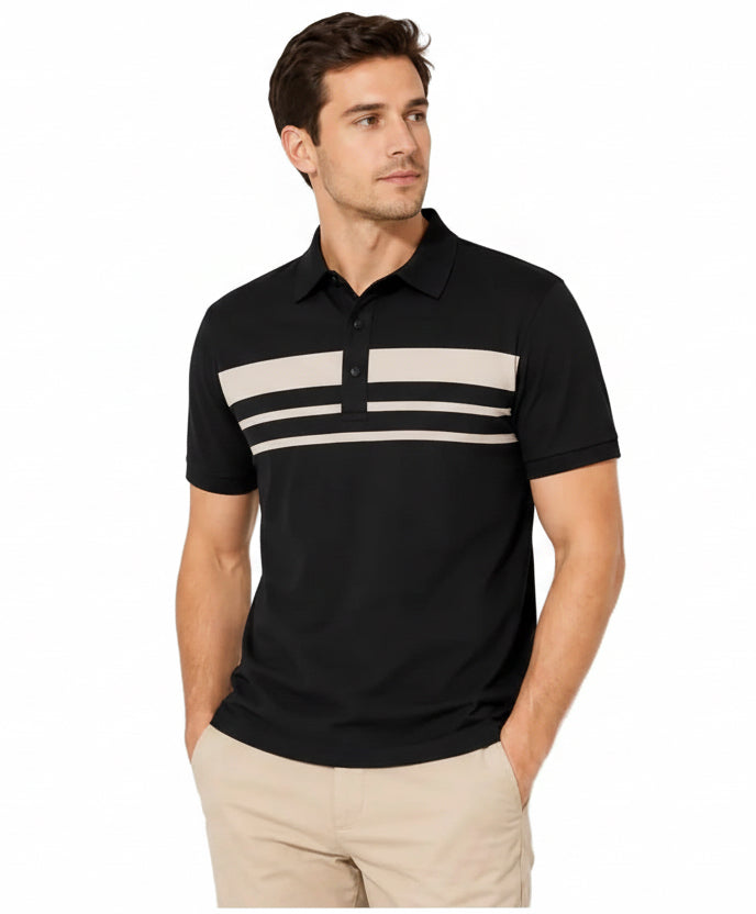 MENS BLACK LUXE STRIPED POLO SHIRT