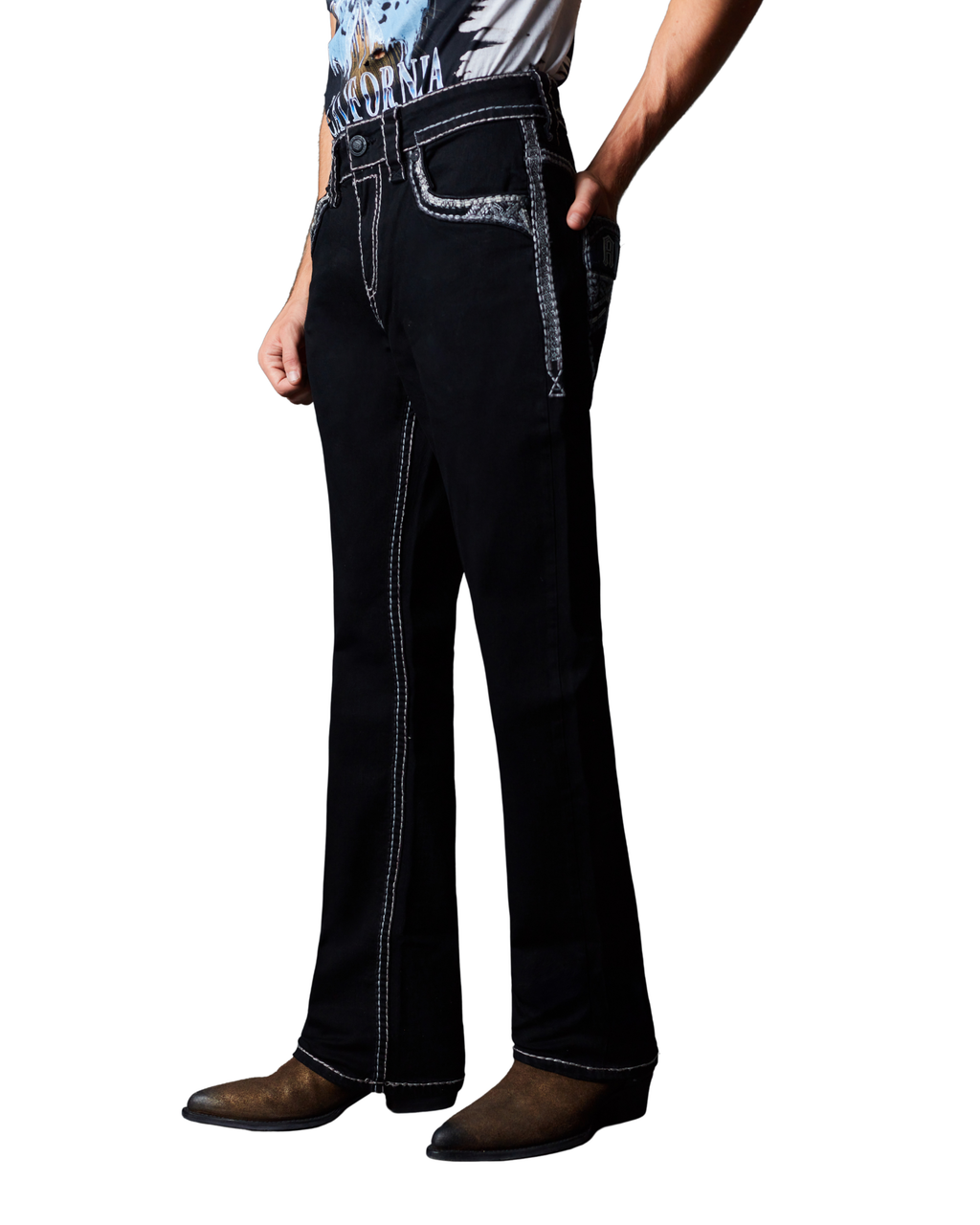 MENS ROCK REBEL RUSTIC BLACK BOOT CUT JEANS