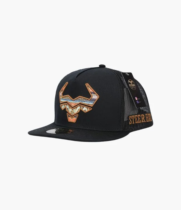 STEERHAT AZTEC LONG HORN BLACK CAP