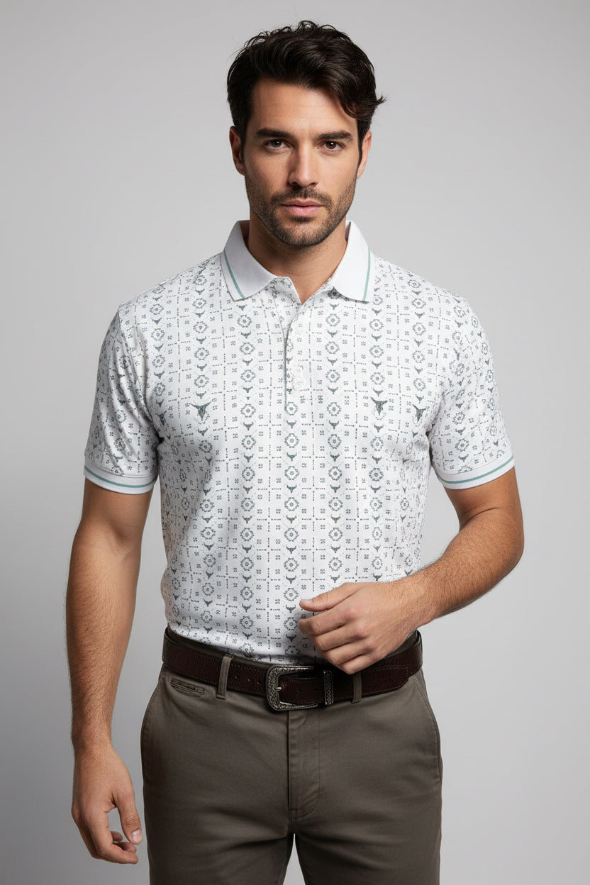 MENS WHITE LONG HORN  28231 WESTERN POLO SHIRT