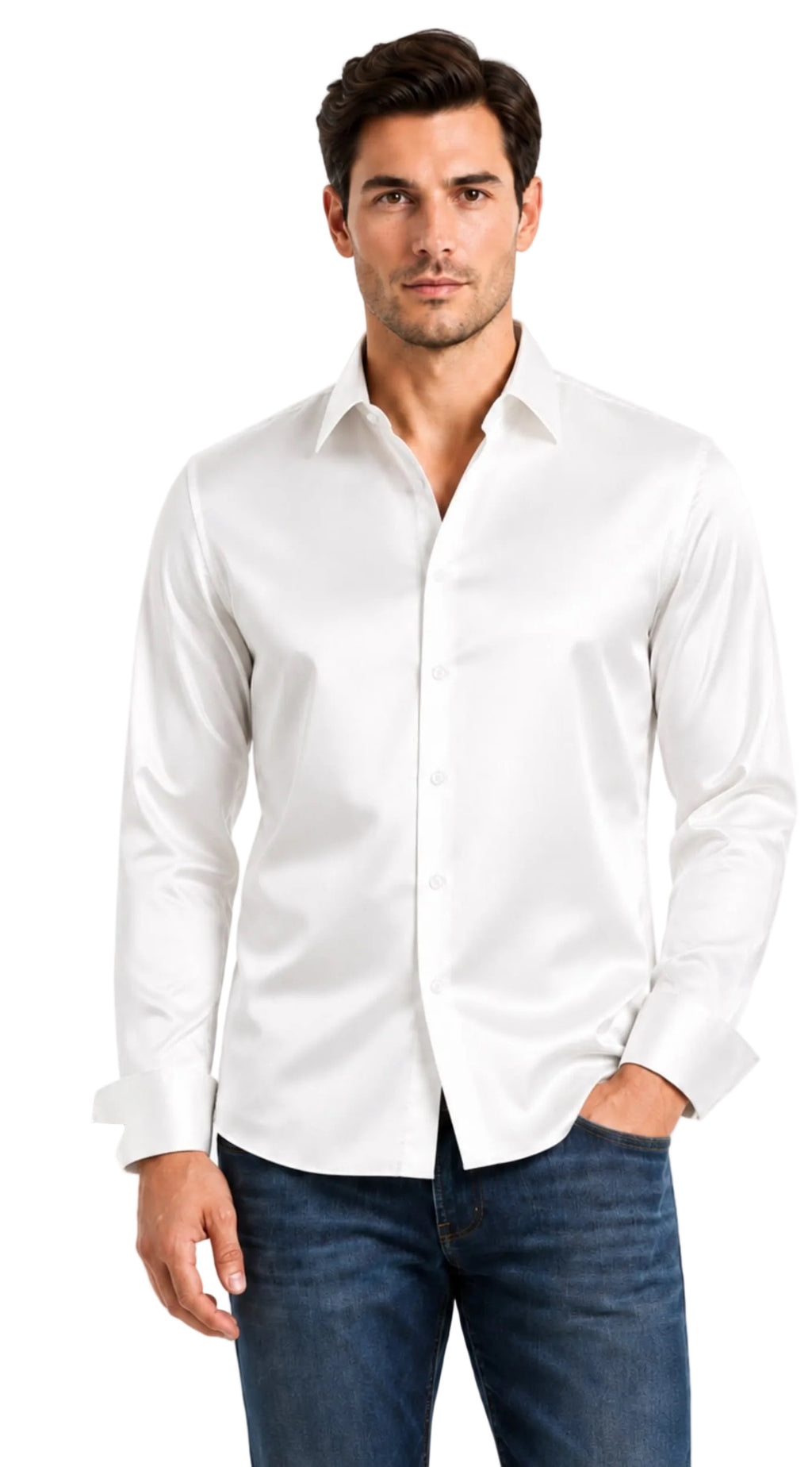 MENS LUXURY STRECH SATIN LONG SLEVE TAILORED FIT WHITE SHIRT