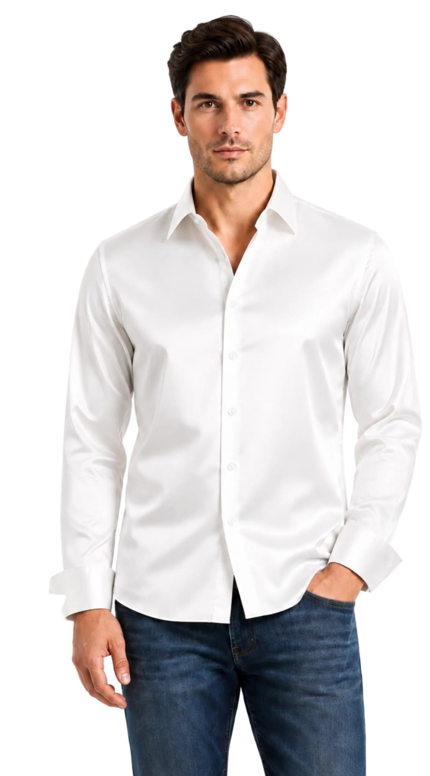 MENS LUXURY STRECH SATIN LONG SLEVE TAILORED FIT WHITE SHIRT
