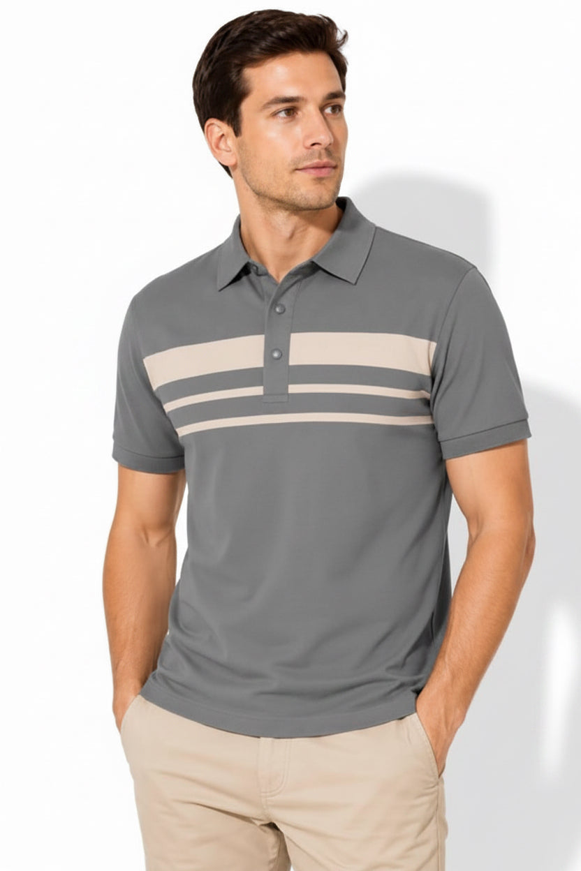 MENS GREY LUXE STRIPED POLO SHIRT
