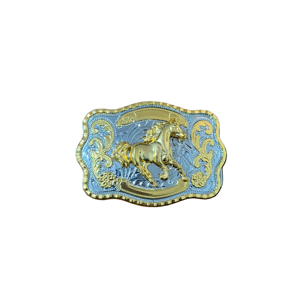 SILVER -GOLD HORSE LUX WESTERN BUCKLE