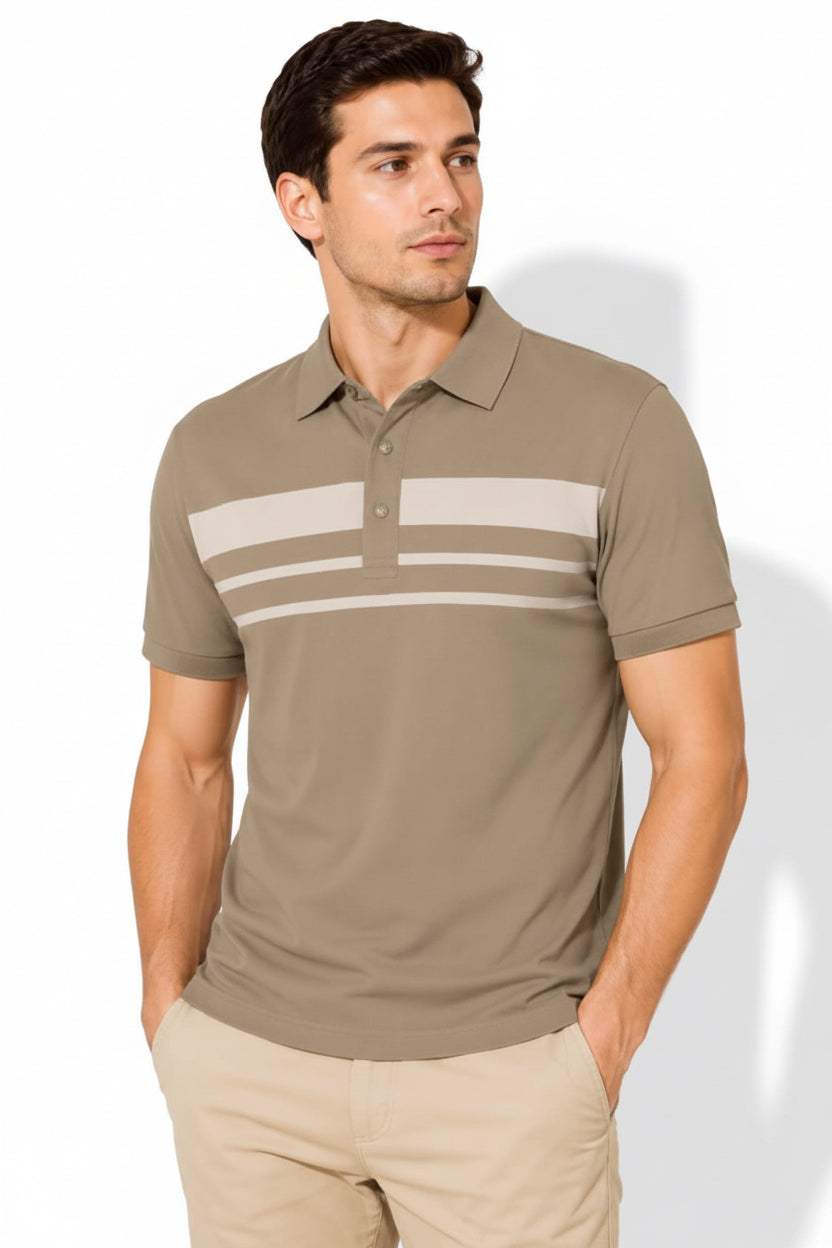 MENS BEIGE TAN LUXE STRIPED POLO SHIRT