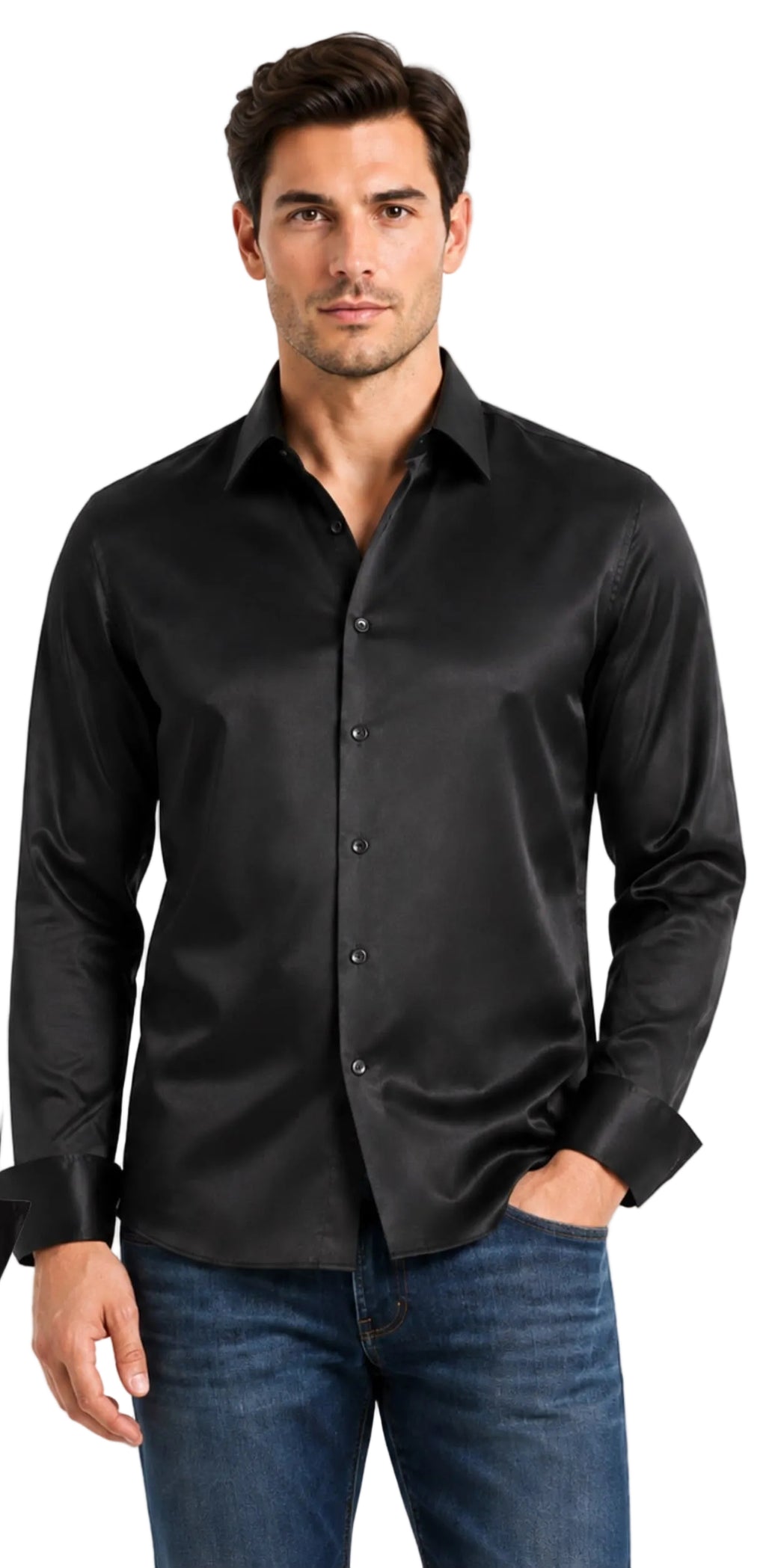 MENS LUXURY STRECH SATIN LONG SLEVE TAILORED FIT BLACK SHIRT