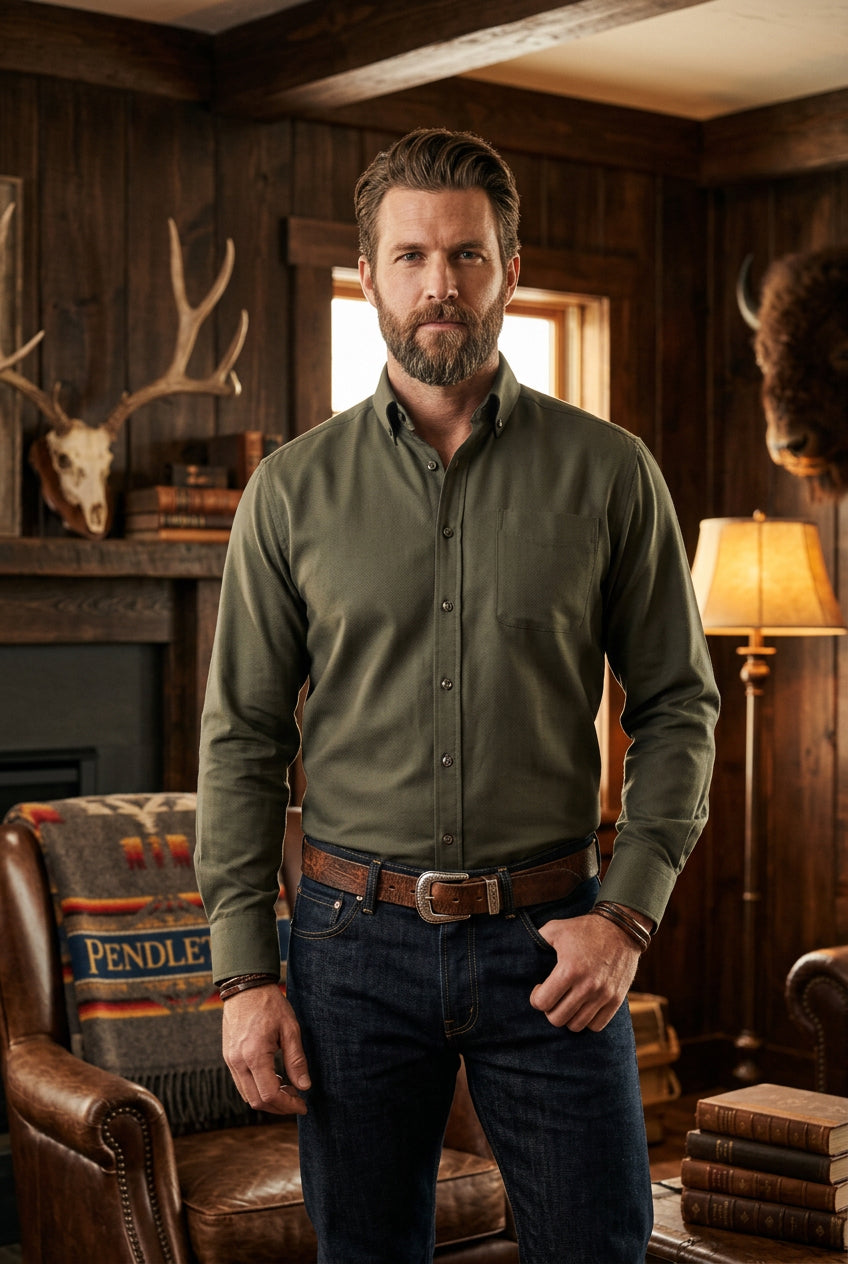 MENS LUXURY OKIVE GREEN LONG SLEEVE SHIRT
