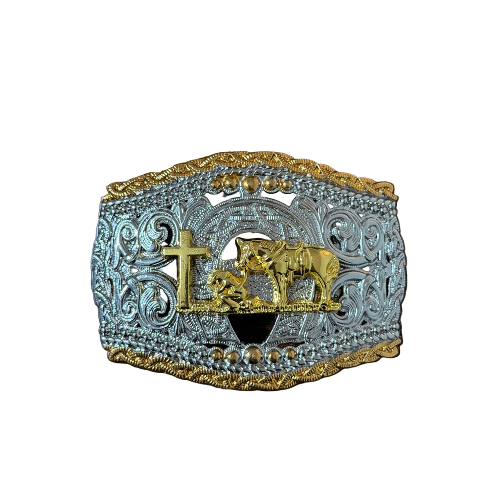 WESTERN SILVER -GOLD PRAY COWBOY BUCKLE