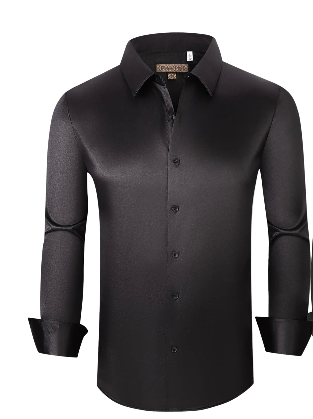 MENS LUXURY STRECH SATIN LONG SLEVE TAILORED FIT BLACK SHIRT