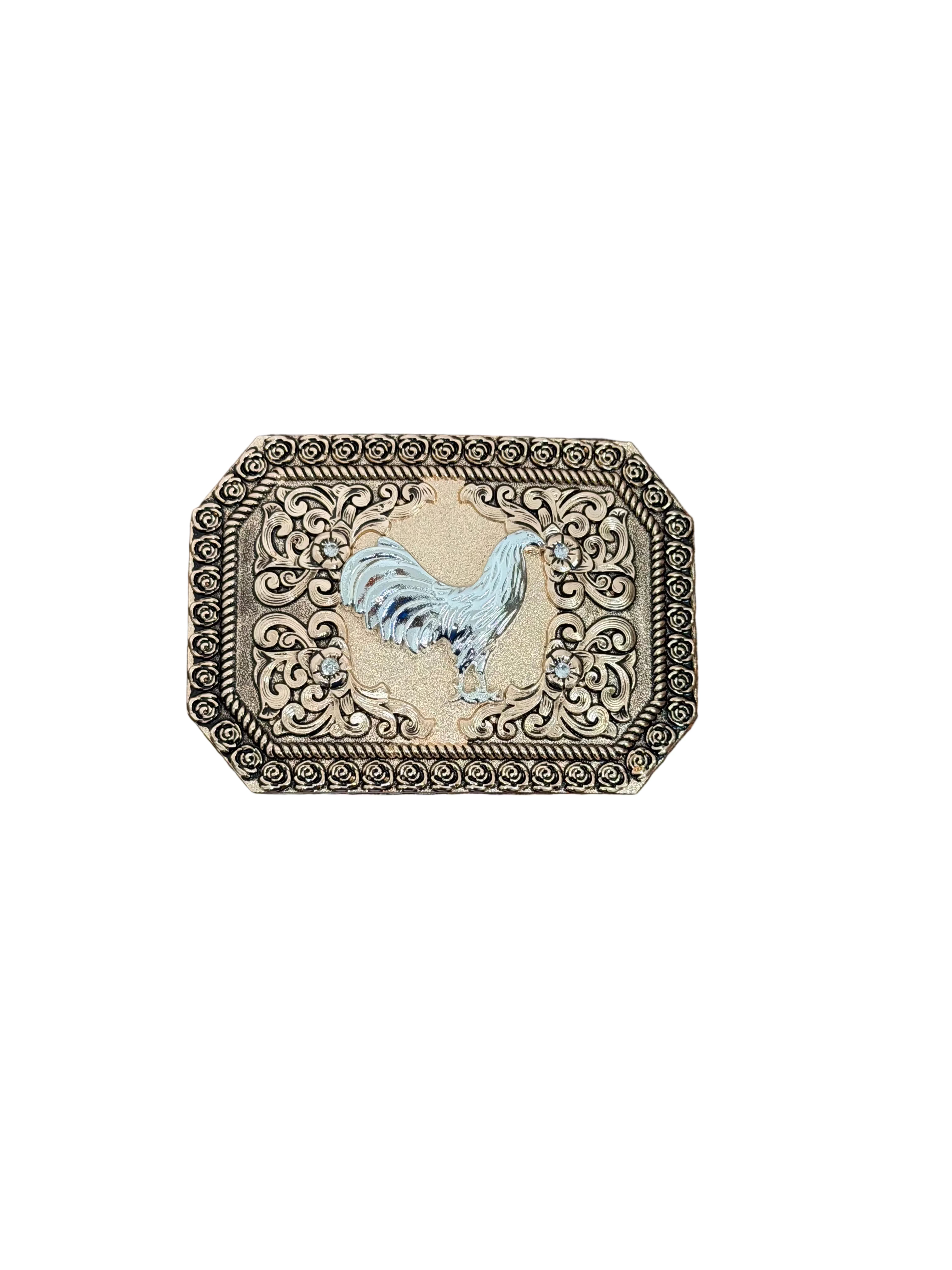SQUARE GOLD-SILVER ROOSTER DESING BUCKLE