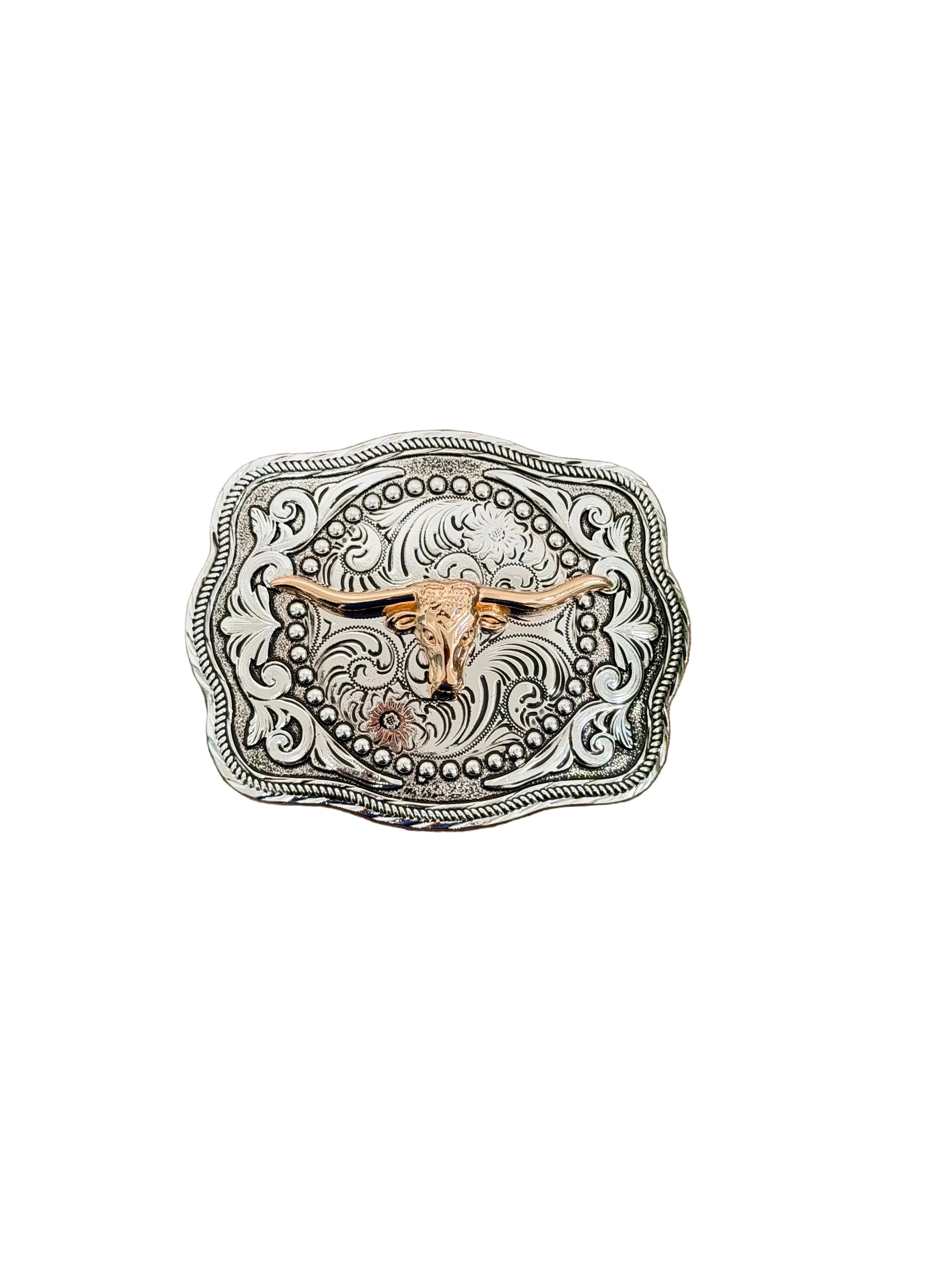 SQUARE SILVER-GOLD BULL'S HORN BUCKLE