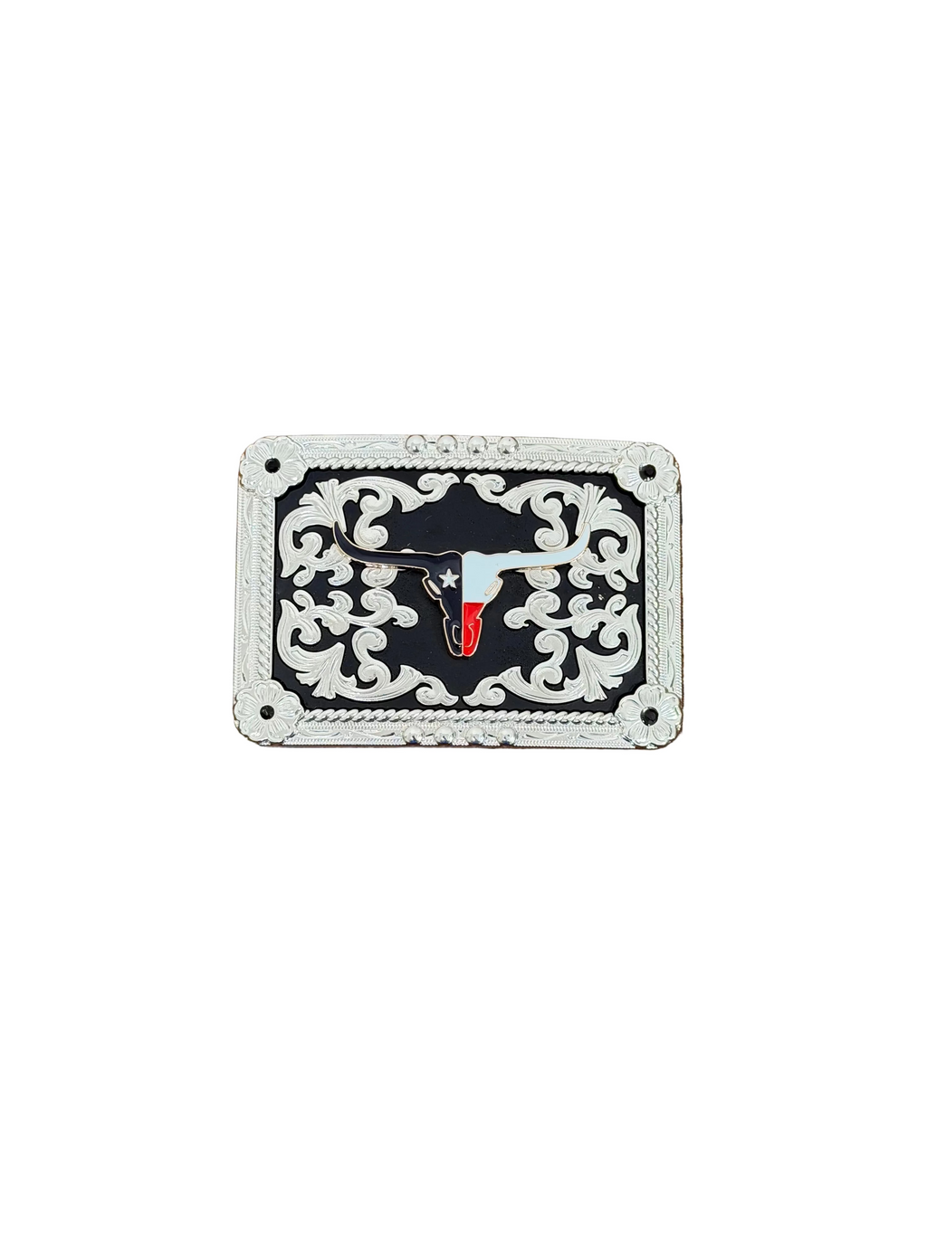 SQUARE TEXAS BULL'S HORN SILVER-BLACK DESING BUCKLE