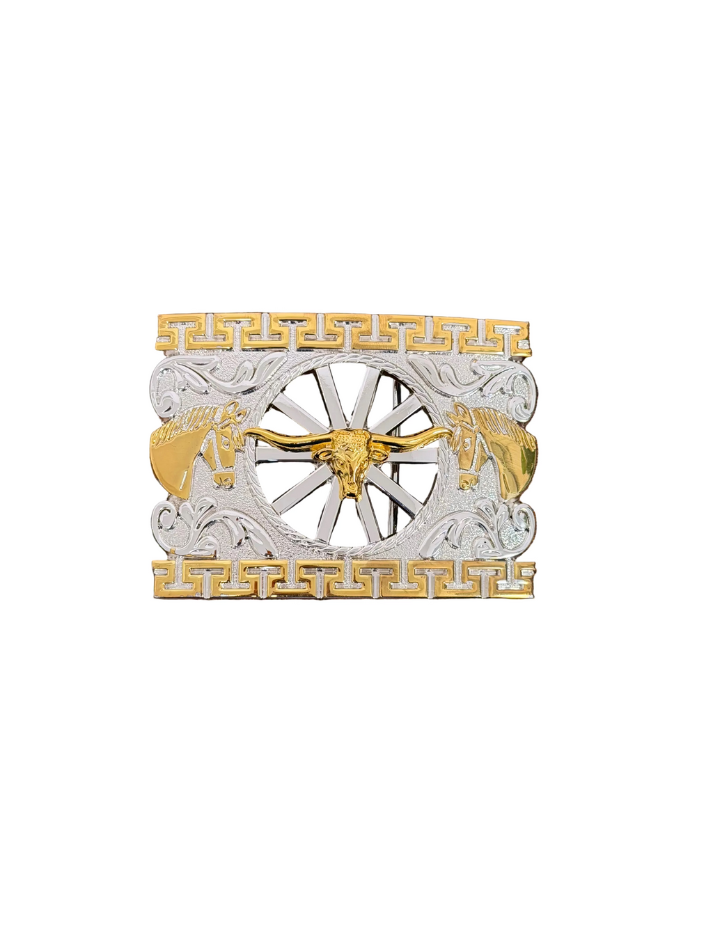 SQUARE GOLD-SILVER HORSES-BULL HORN DESING BUCKLE
