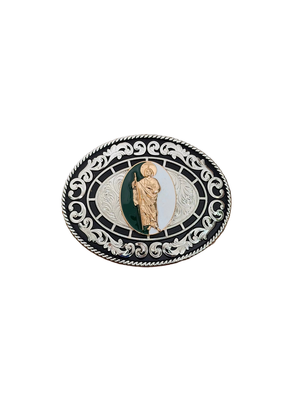 ROUND BLACK-FLOWERS SAN JUDAS DESING BUCKLE