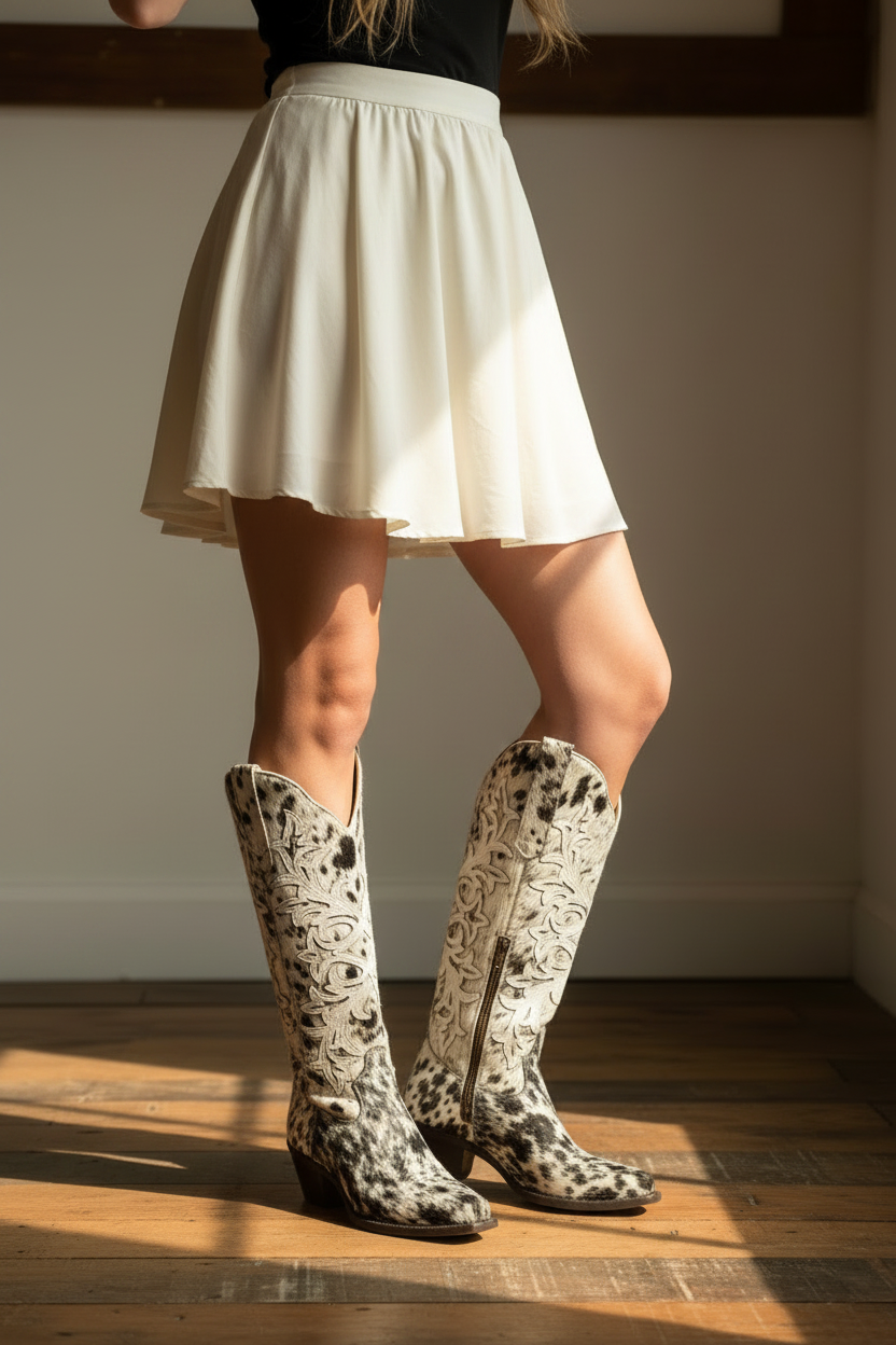 WOMENS EXOTIC COWHIDE  BLACK-WHITE TALL BOOT SNIP TOE