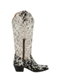 WOMENS EXOTIC COWHIDE  BLACK-WHITE TALL BOOT SNIP TOE