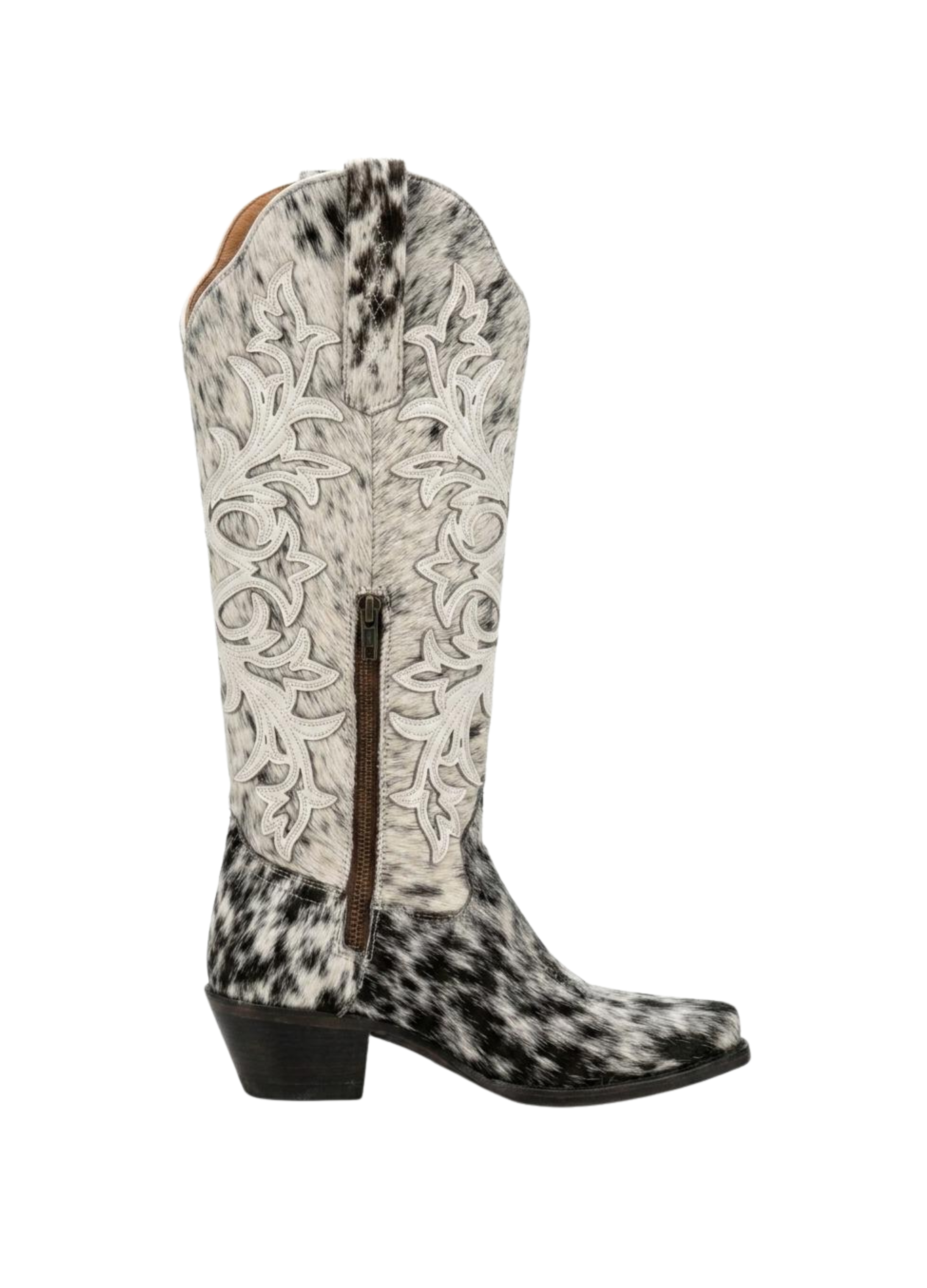 WOMENS EXOTIC COWHIDE  BLACK-WHITE TALL BOOT SNIP TOE